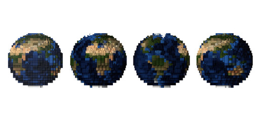 3D Voxel Earth globe set, pixel art world map collection isolated on transparent background © FugaStudio