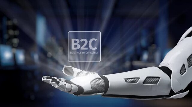 A robotic hand showcases B2C business principles with digital icons. This image symbolizes the integration of technology in consumer markets and e-commerce strategies. Synapse