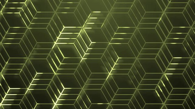 Abstract geometric pattern of interlocking hexagonal cubes with reflective edges background animation