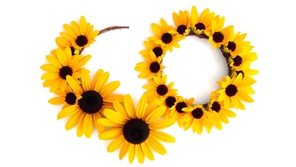 Obraz premium Pair of Crescent-Shaped Black-Eyed Susans Wreaths, Golden Yellow Petals with Dark Brown Cones and Rough Green Leaves on White Background
