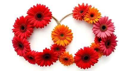 Two photorealistic gerbera daisy crescent wreaths built from large red, orange, and deep pink blooms with layered petals on a white background