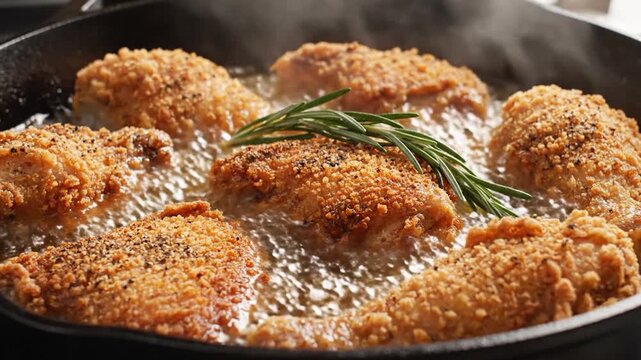 Crispy breaded chicken pieces frying in hot oil within a cast-iron pan.