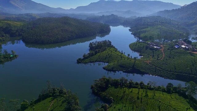 Aerial drone view of lush green tea plantations in Munnar Kerala India scenic landscape