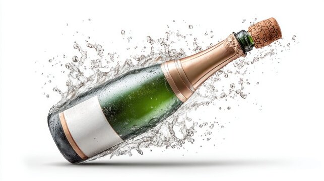 Champagne bottle exploding with water splashes and cork popping, celebrating success