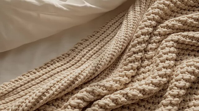 Soft beige knit throw blanket on white sheets