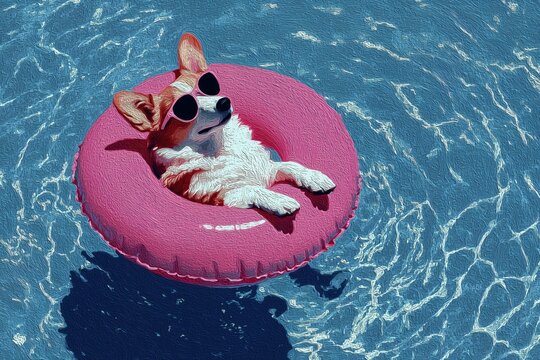 corgi dog relaxing in pool on inflatable float
