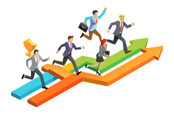 Businesspeople racing up a colorful arrow representing growth and success