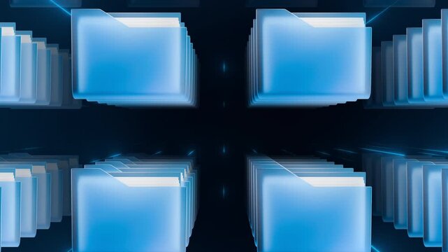 Folder icon technology background. Data storage Network and Server Infrastructure for Corporate File Organization. Dolly in animation