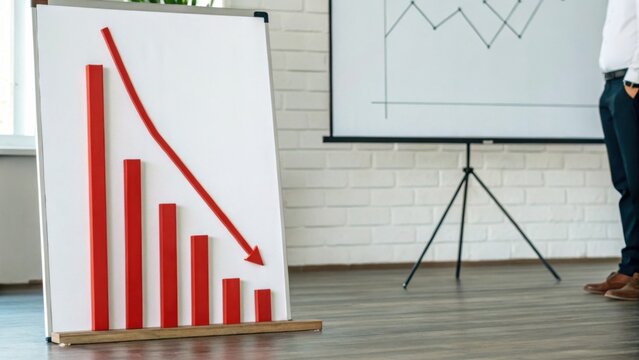 A presentation shows a bar chart with declining red bars and a downward arrow, indicating a decrease or negative trend, with a person standing nearby.