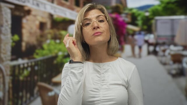 Woman wearing glasses and white shirt points finger to head on busy street lined with tables and planter boxes; curiosity.