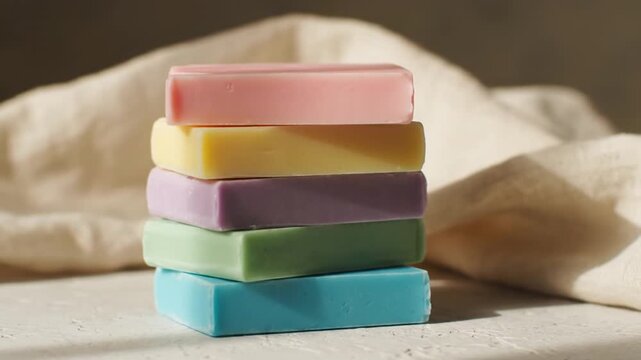 Colorful soaps stacked on cloth.