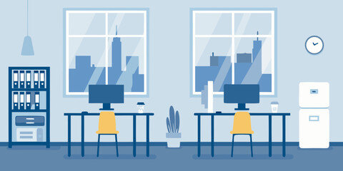 Minimalist office interior with city views and basic office furniture