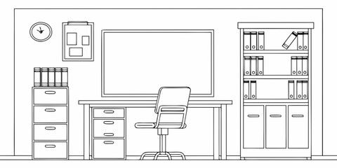 A minimalist line drawing of a tidy office workspace with furniture © Smritykona