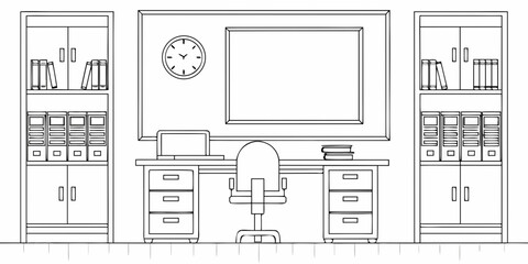 Line drawing of an office space with desk chair and bookshelves © Smritykona