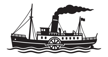 Vintage steamship illustration with prominent smokestack a striking Icon Silhouette vector black design on a white background © NexaVectors
