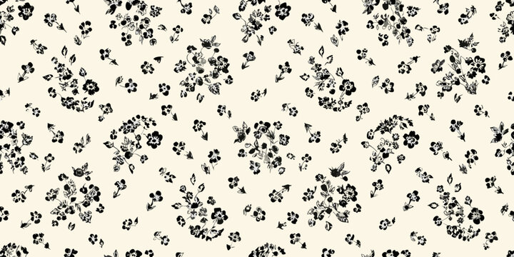 Delicate black floral pattern on a light beige background seamless repeat