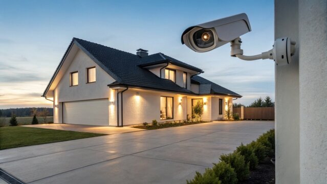 A modern suburban house at dusk with exterior lights on and a security camera mounted on a wall in the foreground.