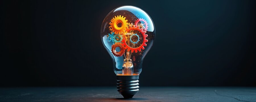 Glass light bulb with colorful mechanical gears inside. Represents innovation, creation, and problem solving. Modern concept for business strategy and development. Bright idea generating process.