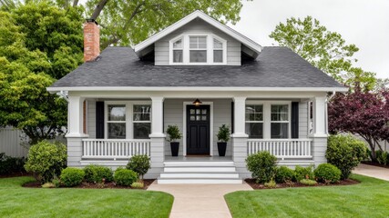 Charming gray craftsman bungalow with a welcoming porch and manicured lawn
