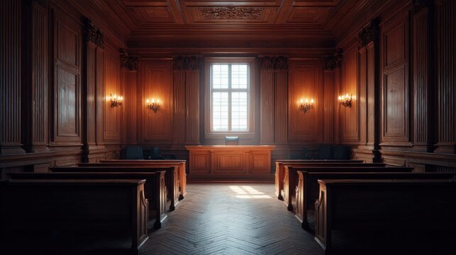 Elegant courtroom interior with wooden benches and judge's bench bathed in natural light