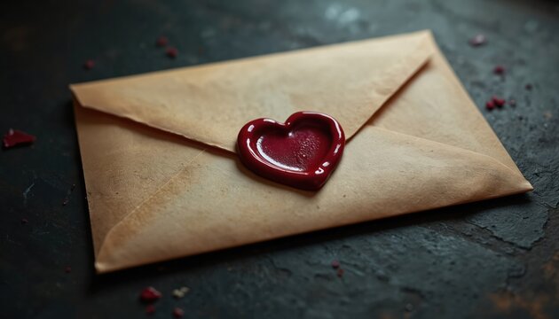 Heart shaped wax seal secures a vintage brown paper envelope on dark textured surface. Red wax droplets scattered around, conveying secret message, love, and tradition.