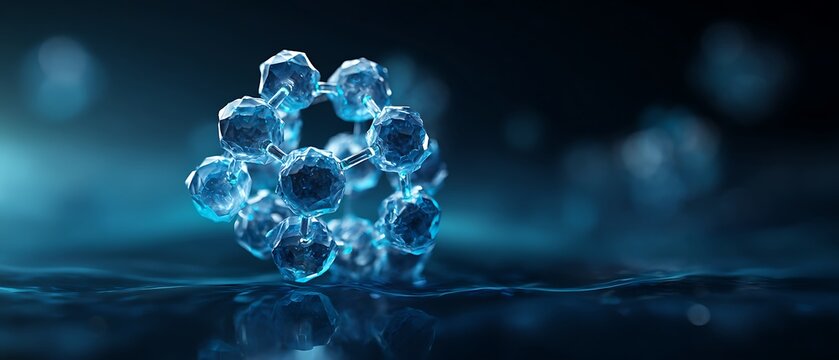 Wide banner composition with molecule centerpiece and dramatic lighting.