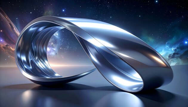 Shiny, chrome mobius strip resting on a reflective surface with a celestial space nebula background and depth of field