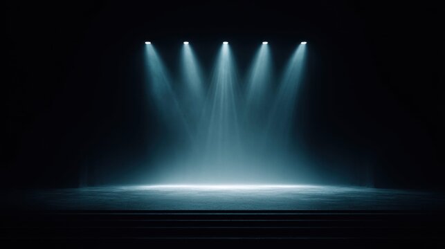 Stage spotlights illuminate a dark empty theater with dramatic blue light beams