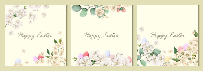 Obraz premium Set of backgrounds with flowers and eggs. Vector for flyers, postcards, design, and social media. Easter. 