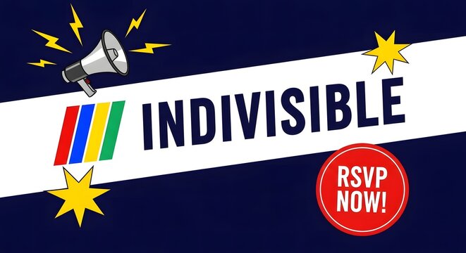 Indivisible event promotion with megaphone and rainbow colors