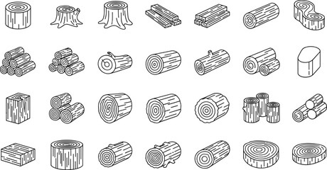 Wood lumber and log icon set featuring timber stacks, tree trunks, firewood, planks, and wooden blocks for forestry, carpentry, construction, and natural fuel industry designs. © sohag babu 