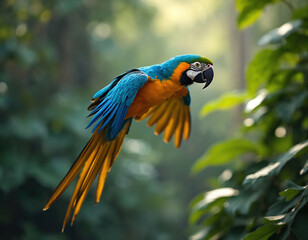 Obraz premium Blue and yellow macaw parrot flies through rich green forest foliage. Bird has vibrant colorful feathers and long tail. Wildlife scene in natural habitat.