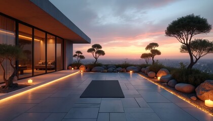 Fototapeta premium Rooftop zen garden terrace with yoga mat during sunset. Modern building exterior with soft candle lights and city view. Peaceful outdoor space for meditation and relaxation.