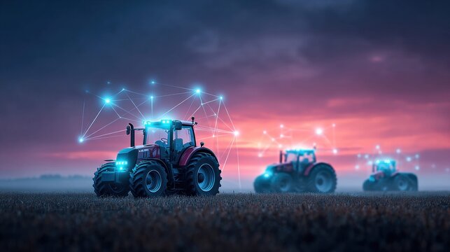 Modern tractors with glowing digital network connections in a field at dusk