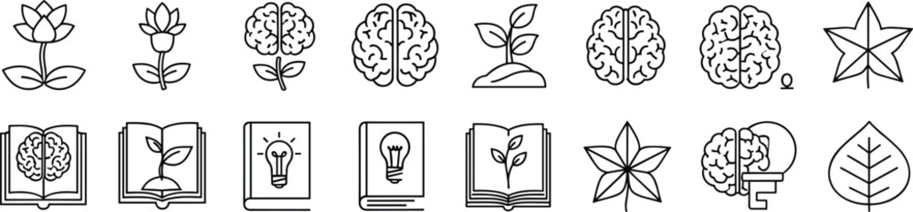 Education and creativity line icons set with brain, plant, book and idea symbols, learning growth concept outline vector collection © Rafin's World
