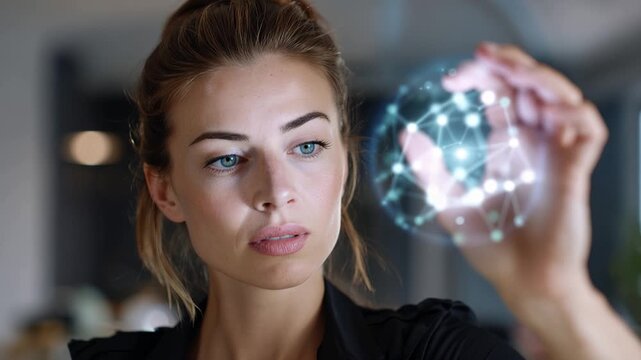 Woman gazes at glowing hologram with focused intent