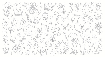 Hand drawn doodle elements with flowers, crowns, balloons, sun, and moon in a whimsical style. © Mobil