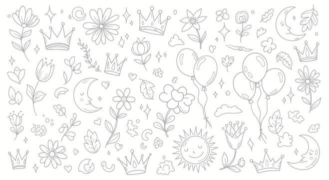 Hand drawn doodle elements with flowers, crowns, balloons, sun, and moon in a whimsical style.