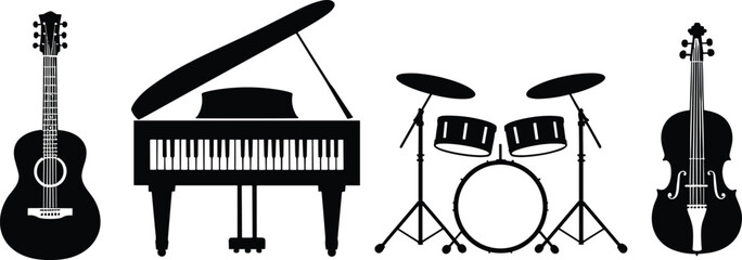 Black silhouette collection of musical instruments including acoustic guitar, grand piano, drum set and violin isolated on light background representing orchestra band music performance concept © Anayna Here