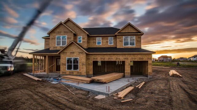 Time-lapse of a new house being built from foundation to completion at sunset, showcasing construction progress and modern residential development.