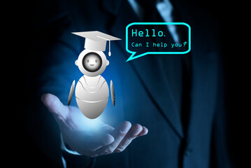 AI artificial intelligence communication concept, chatbot assistant and AI agent saying hello speech bubble, futuristic friendly ai bot interface, automation and customer support technology. © bigjom
