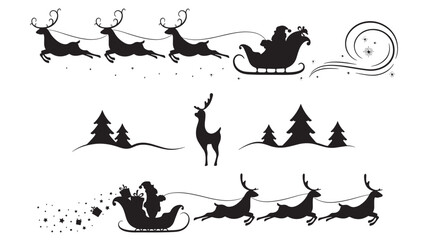 Santa Claus and reindeer silhouettes with gifts and Christmas trees for winter holiday celebration featuring sleigh, presents, forest with snow and © Beckham 