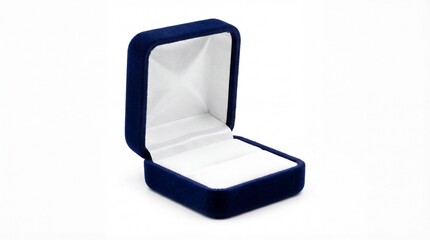 Open blue velvet jewelry box on white background for presentation.