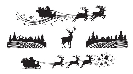 Santas sleigh with reindeer flying over snowy village and winter forest with stars and snowflakes falling © Beckham 