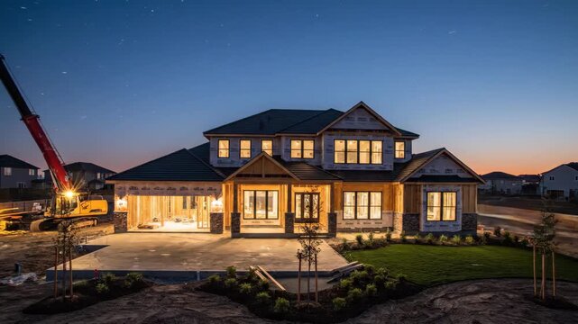Time-lapse of a new house construction from framing to completion, showcasing the building process and final reveal at night.