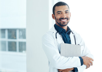 Fototapeta premium Happy man, portrait or doctor with tablet for medical or healthcare service in hospital. Male person, employee or cardiologist with smile or technology for research, report or clinic information