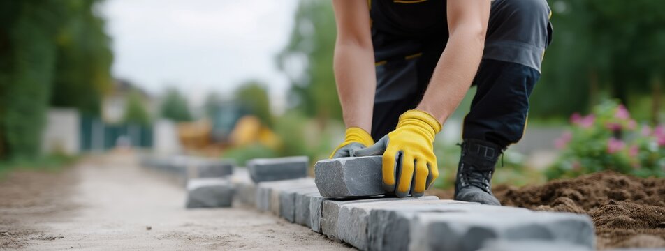 Construction worker laying paving stones for a new garden path, creating a beautiful patio with interlocking pavers, performing professional hardscaping work
