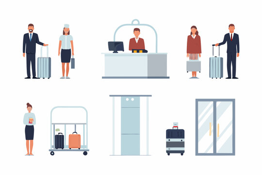 Hotel staff assisting guests with luggage and check in procedures