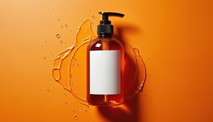 Naklejka premium Amber liquid soap bottle with pump dispenser sits on an orange surface. Clear gel cascades around bottle, with water droplets scattered across. Blank label for branding or product info.