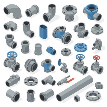 Isometric set of various pipe fittings, valves, and connectors for plumbing and industrial use.